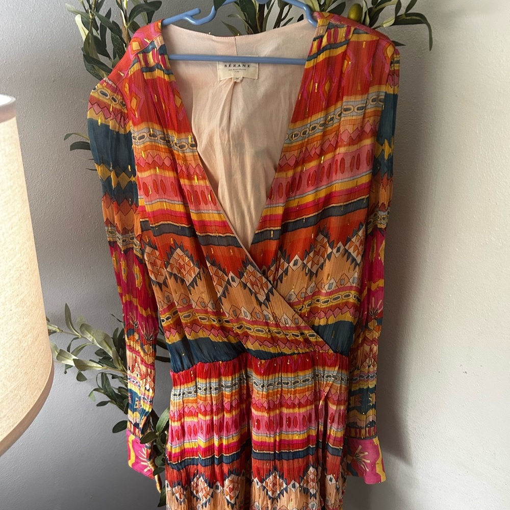 Sezane Orange and Red Smocked Wrap Sundress